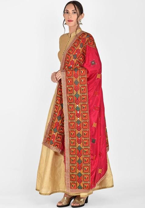 Pink And Yellow Embroidered Dupatta With Phulkari
