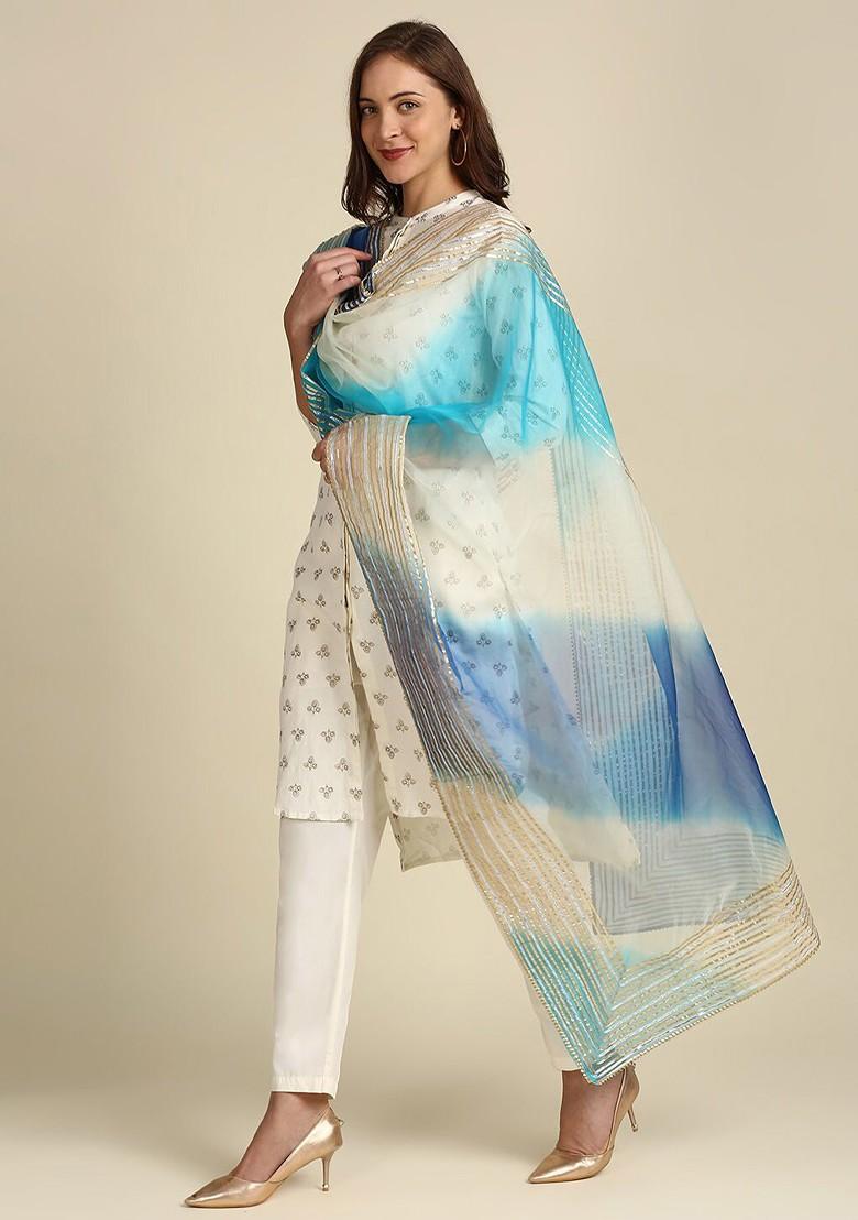 Blue And White Dyed Organza Dupatta With Zardozi