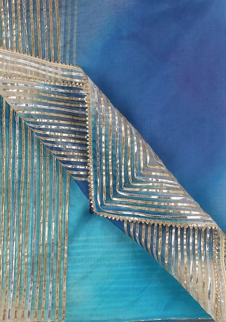 Blue And White Dyed Organza Dupatta With Zardozi