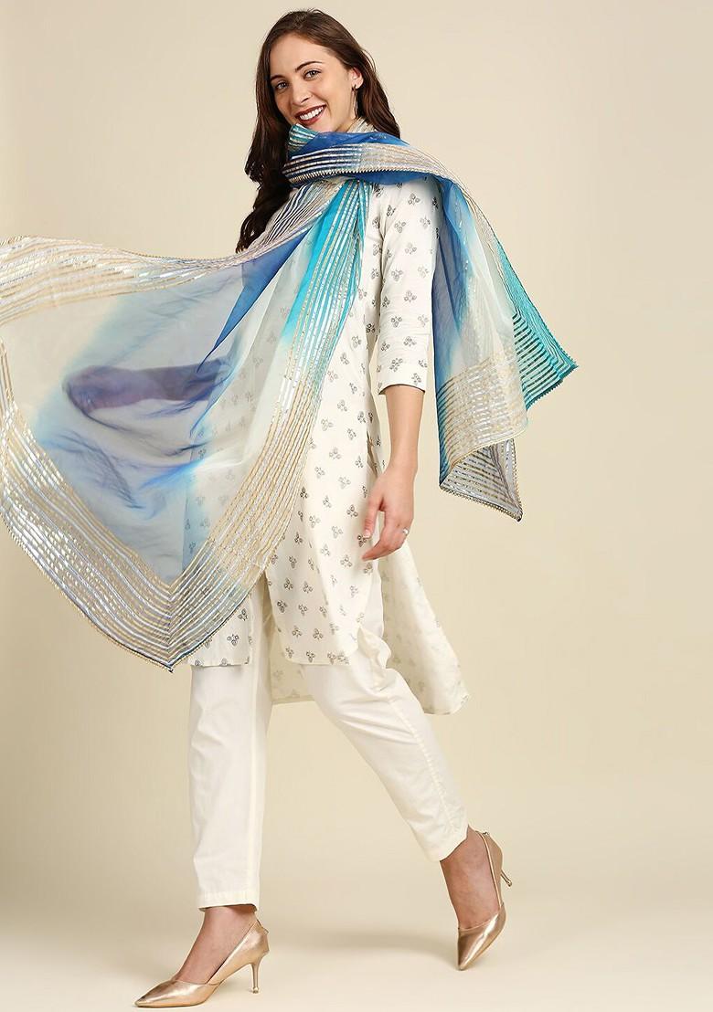 Blue And White Dyed Organza Dupatta With Zardozi