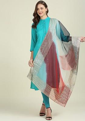 Red And White Dyed Organza Dupatta With Gotta Patti