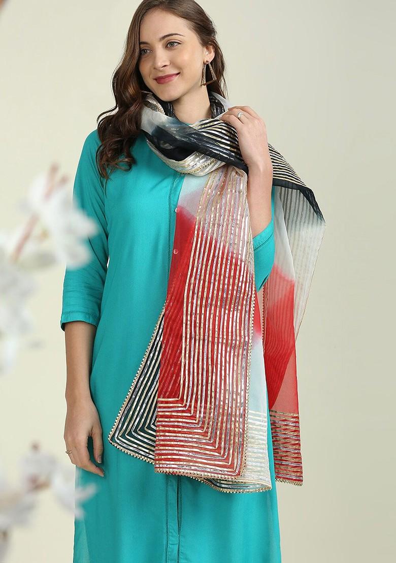 Red And White Dyed Organza Dupatta With Gotta Patti