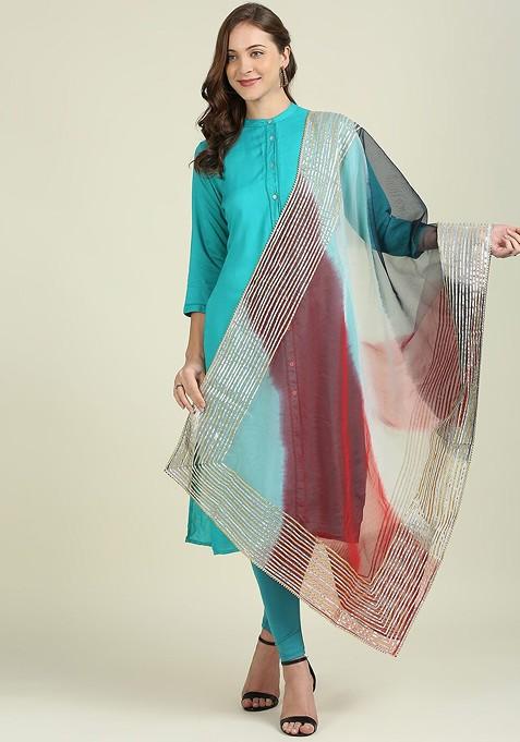 Red And White Dyed Organza Dupatta With Gotta Patti