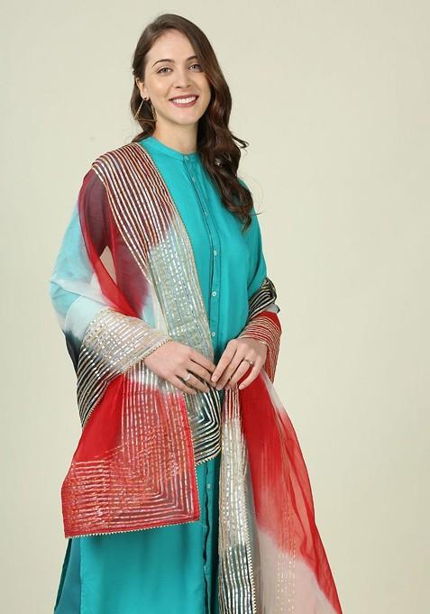 Red And White Dyed Organza Dupatta With Gotta Patti