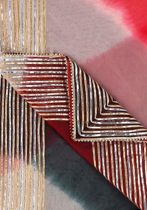 Red And White Dyed Organza Dupatta With Gotta Patti