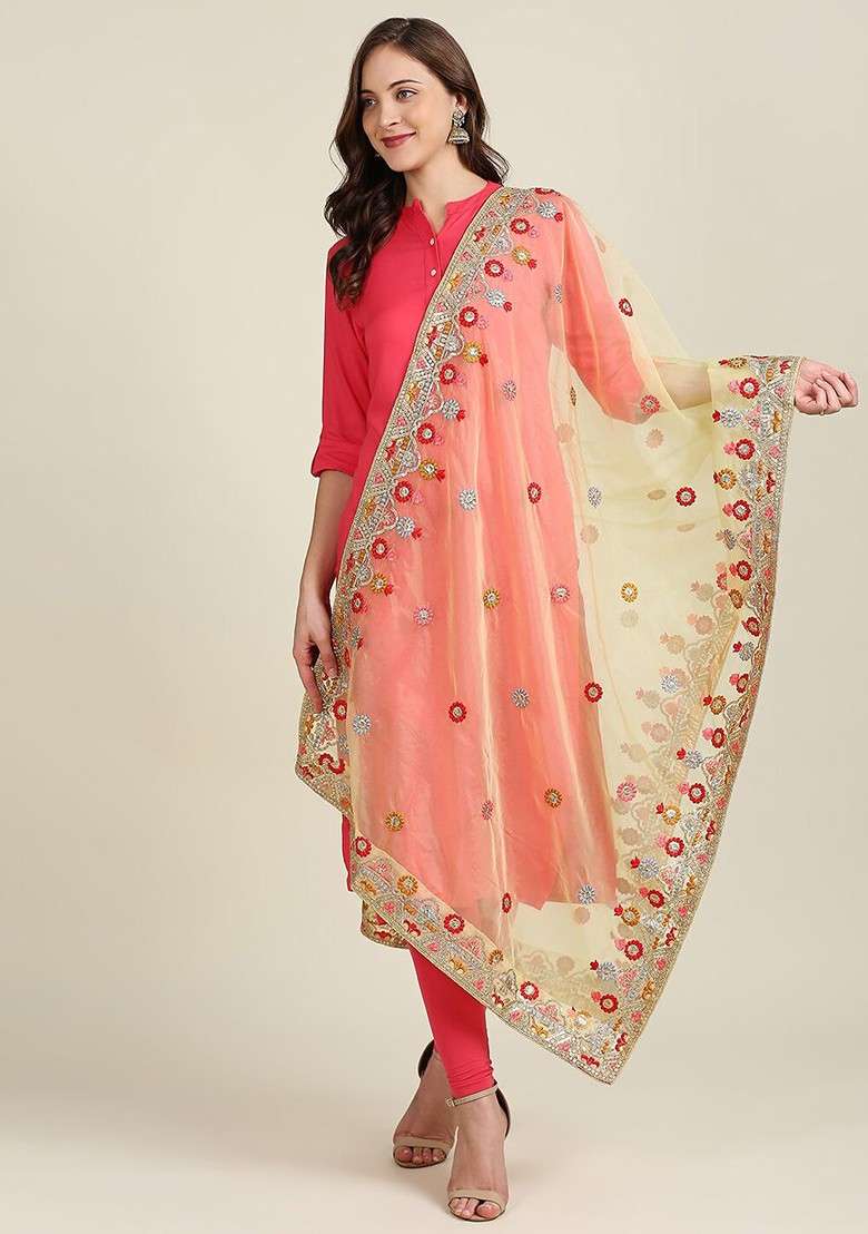 Yellow And Red Embroidered Organza Dupatta With Thread Work - Indya