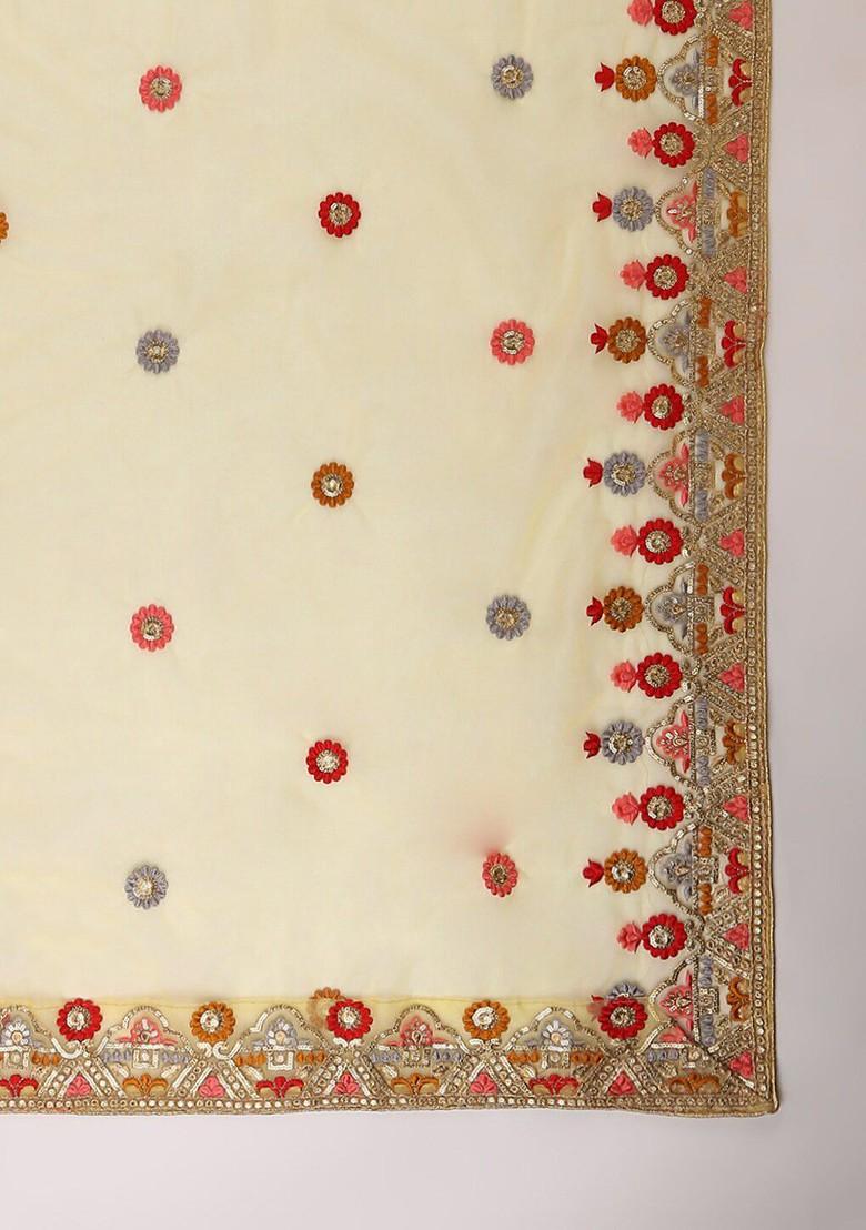 Yellow And Red Embroidered Organza Dupatta With Thread Work