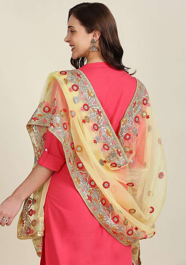 Yellow And Red Embroidered Organza Dupatta With Thread Work - Indya