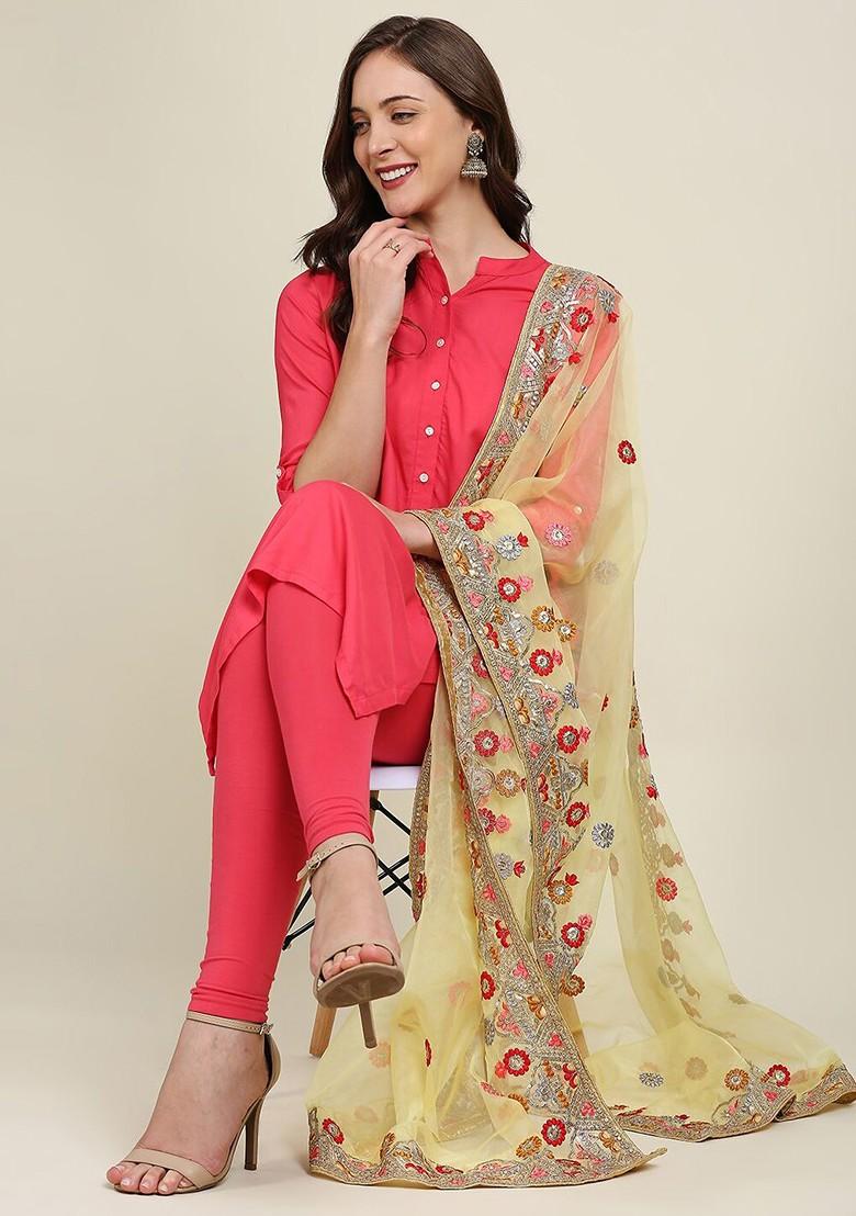 Yellow And Red Embroidered Organza Dupatta With Thread Work