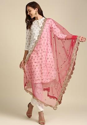 Pink And Gold Toned Ethnic Motifs Embroidered Dupatta With Gotta Patti