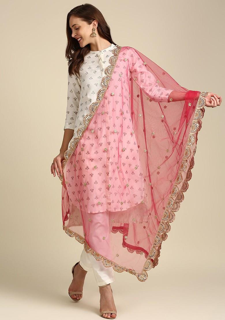 Pink And Gold Toned Ethnic Motifs Embroidered Dupatta With Gotta Patti
