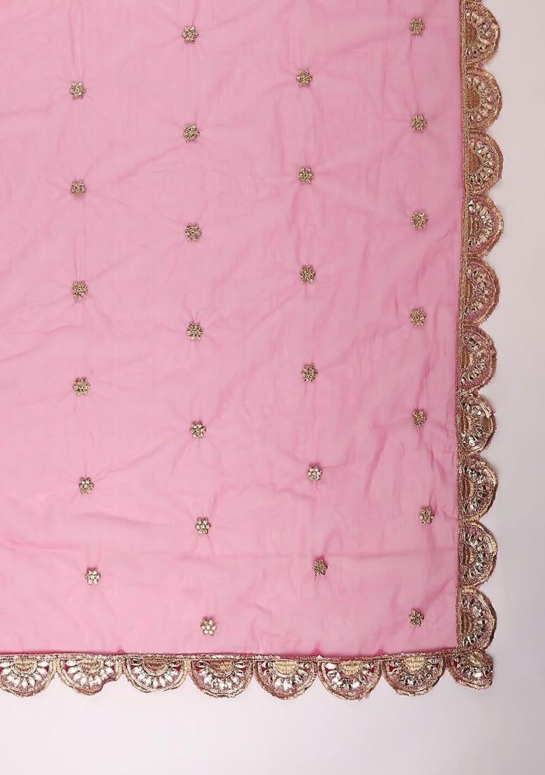 Pink And Gold Toned Ethnic Motifs Embroidered Dupatta With Gotta Patti