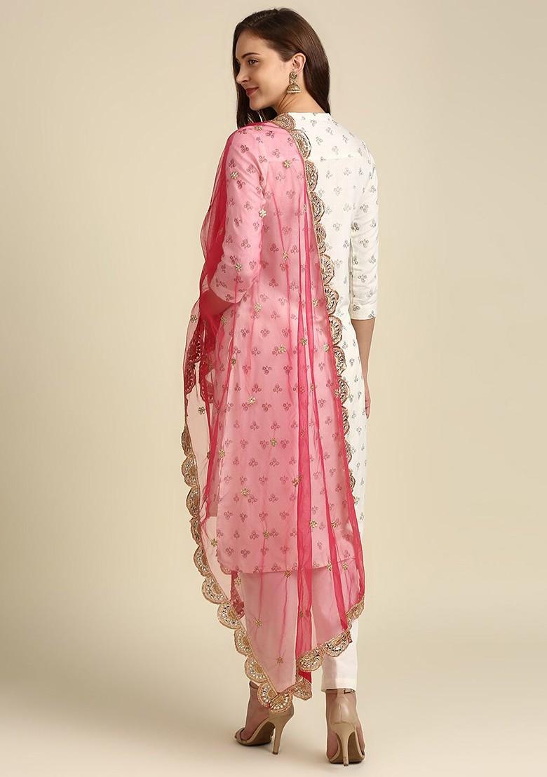Pink And Gold Toned Ethnic Motifs Embroidered Dupatta With Gotta Patti