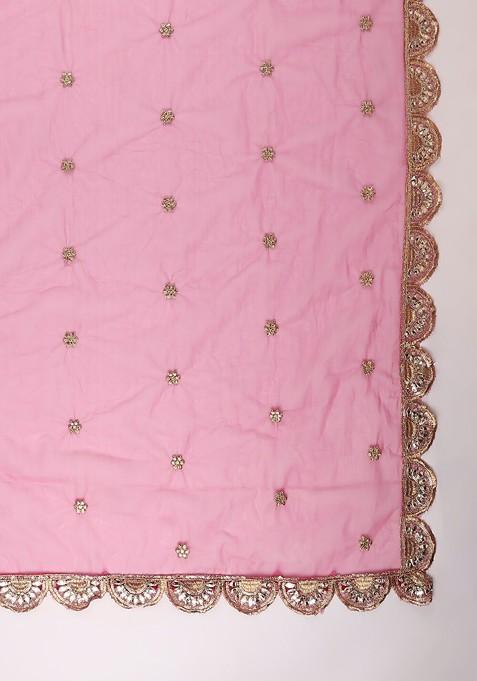 Pink And Gold Toned Ethnic Motifs Embroidered Dupatta With Gotta Patti