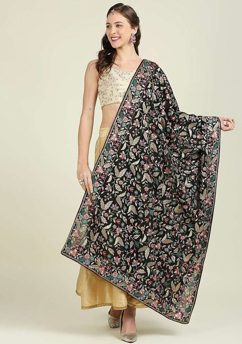 Black And Gold Toned Embroidered Dupatta - Indya