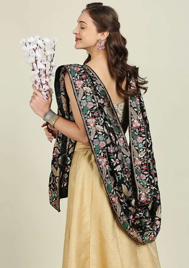Black And Gold Toned Embroidered Dupatta - Indya
