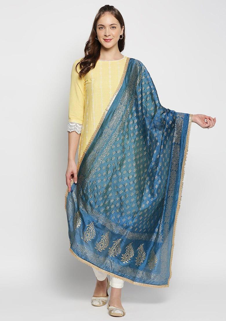 Blue And Gold Toned Ethnic Motifs Printed Khari Print Dupatta