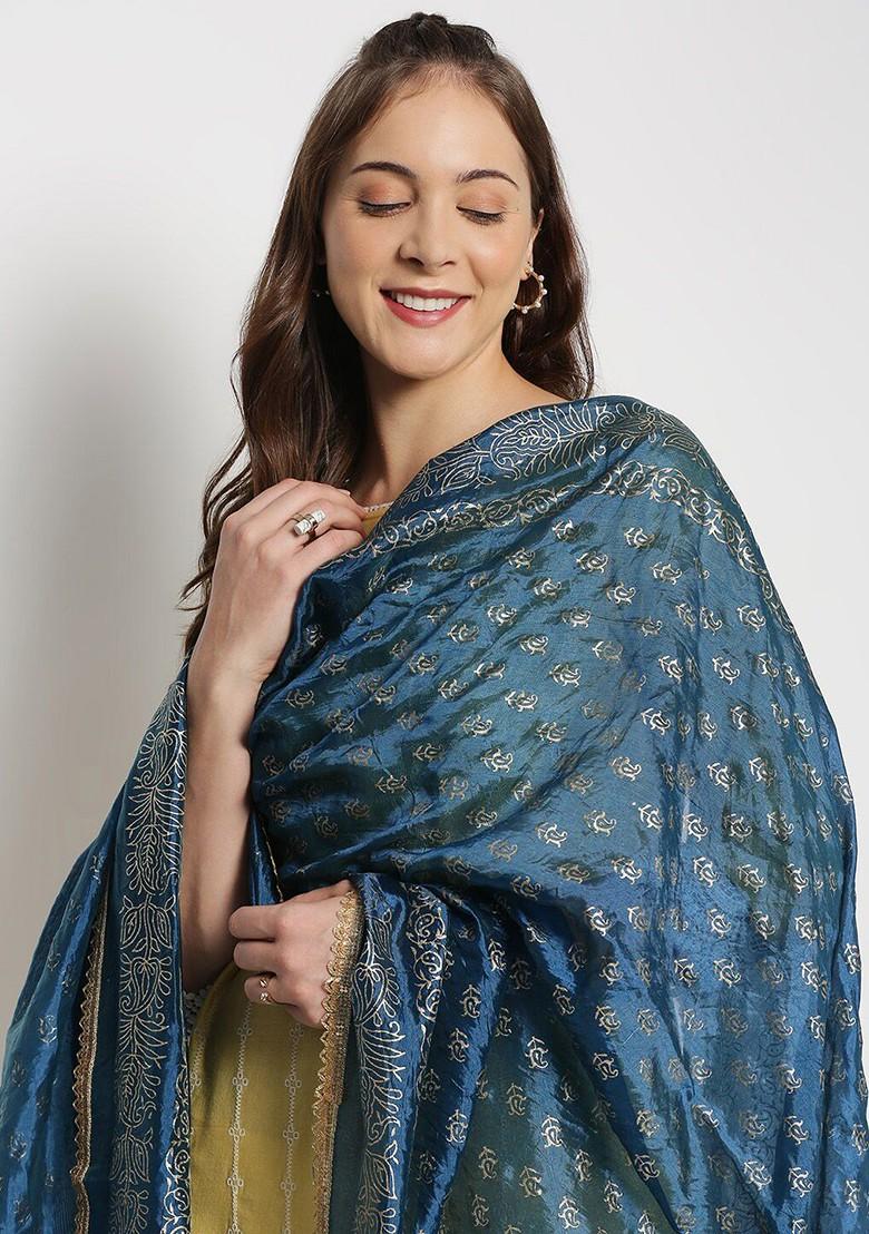 Blue And Gold Toned Ethnic Motifs Printed Khari Print Dupatta