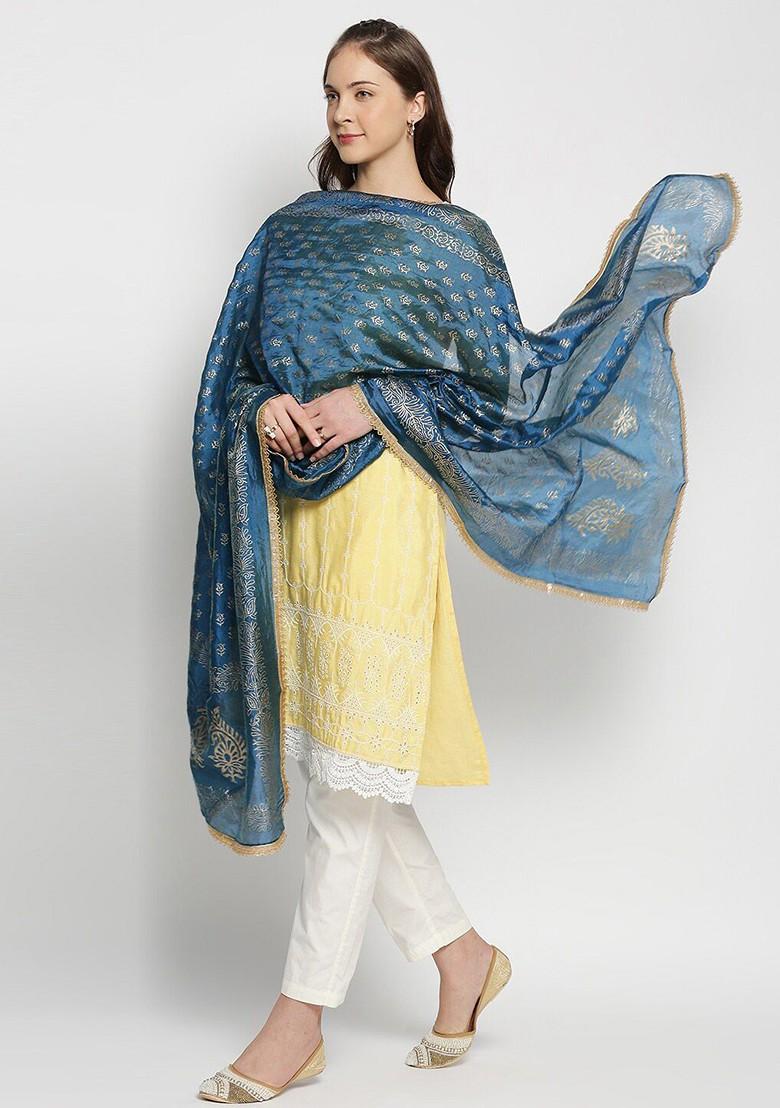 Blue And Gold Toned Ethnic Motifs Printed Khari Print Dupatta