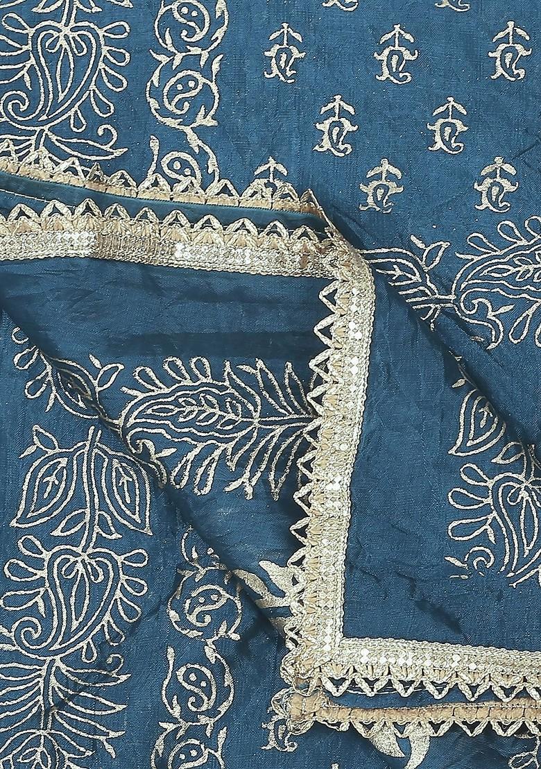 Blue And Gold Toned Ethnic Motifs Printed Khari Print Dupatta
