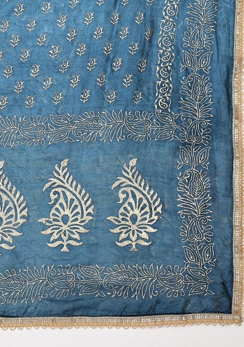 Blue And Gold Toned Ethnic Motifs Printed Khari Print Dupatta