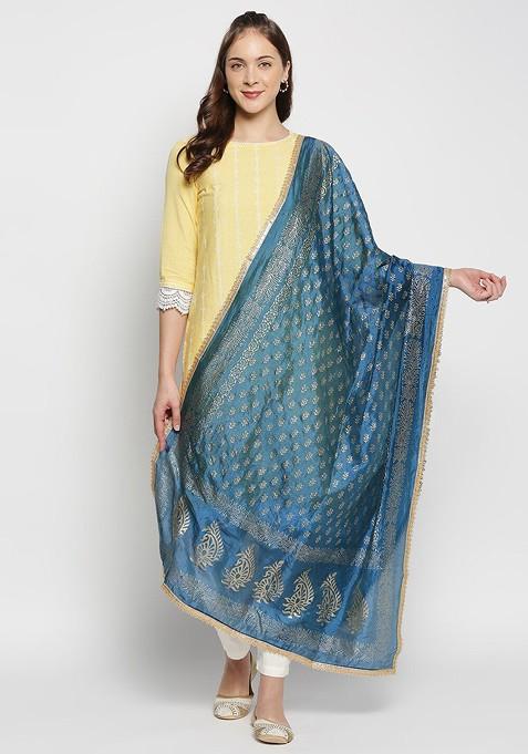 Blue And Gold Toned Ethnic Motifs Printed Khari Print Dupatta