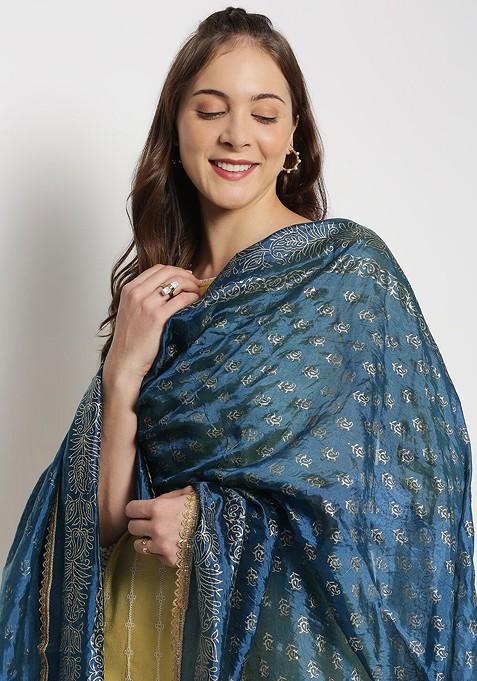 Blue And Gold Toned Ethnic Motifs Printed Khari Print Dupatta