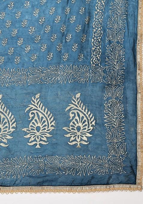 Blue And Gold Toned Ethnic Motifs Printed Khari Print Dupatta