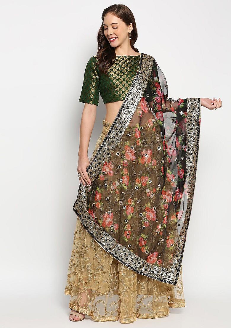 Black And Pink Floral Embroidered Organza Dupatta
