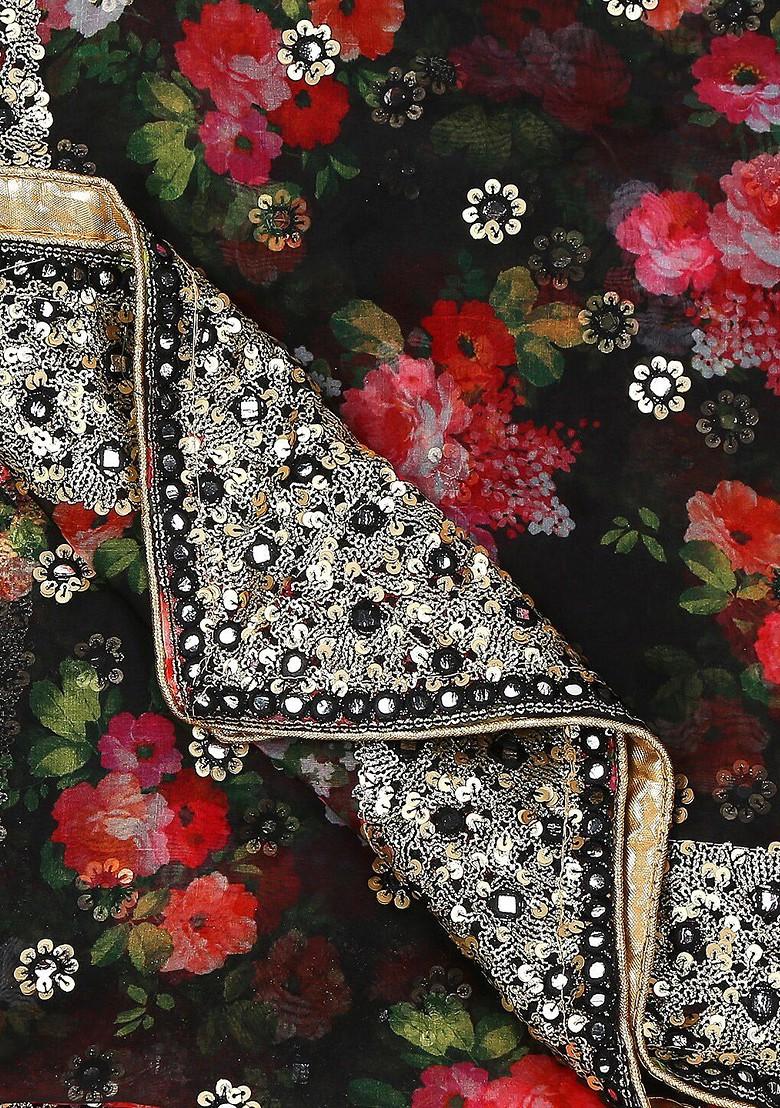 Black And Pink Floral Embroidered Organza Dupatta