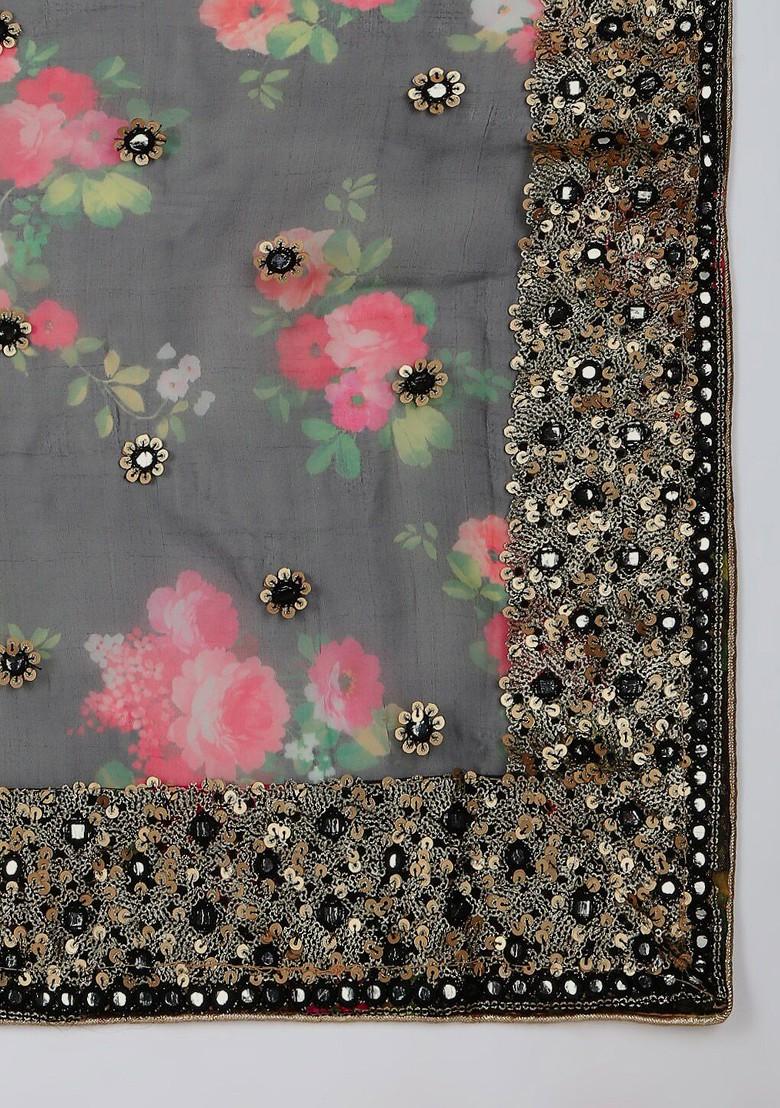 Black And Pink Floral Embroidered Organza Dupatta