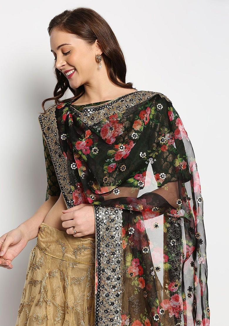 Black And Pink Floral Embroidered Organza Dupatta