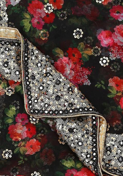 Black And Pink Floral Embroidered Organza Dupatta