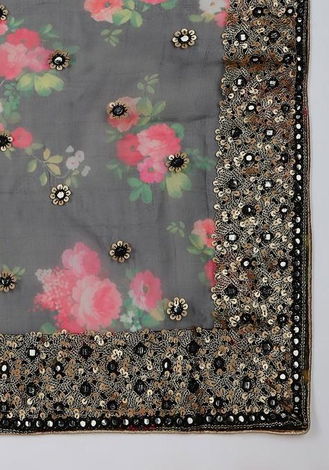 Black And Pink Floral Embroidered Organza Dupatta