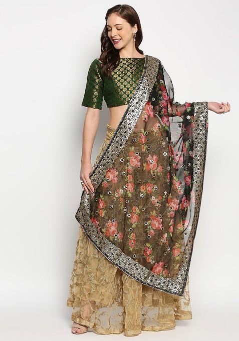Black And Pink Floral Embroidered Organza Dupatta