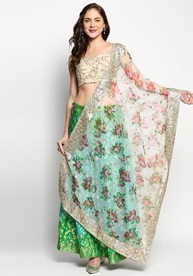 White And Red Ethnic Motifs Embroidered Organza Dupatta With Sequinned