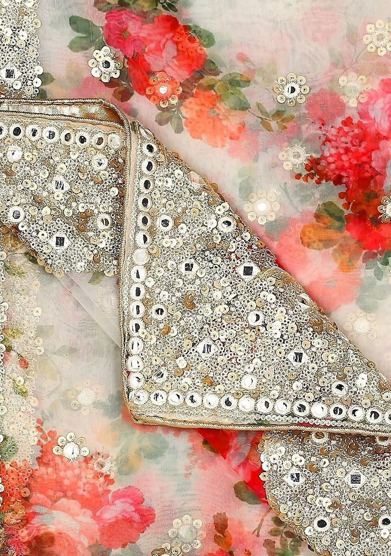 White And Red Ethnic Motifs Embroidered Organza Dupatta With Sequinned