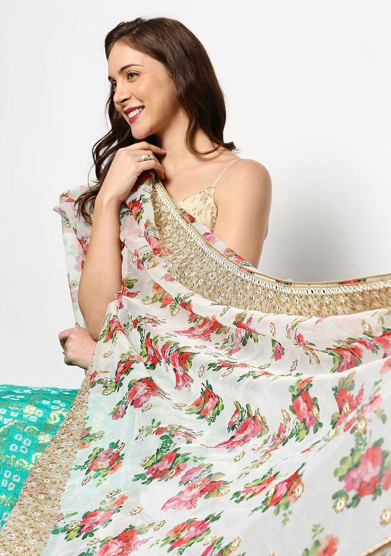 White And Red Ethnic Motifs Embroidered Organza Dupatta With Sequinned