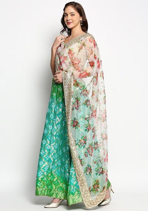 White And Red Ethnic Motifs Embroidered Organza Dupatta With Sequinned