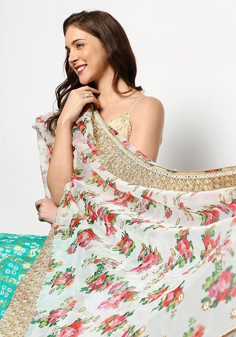 White And Red Ethnic Motifs Embroidered Organza Dupatta With Sequinned