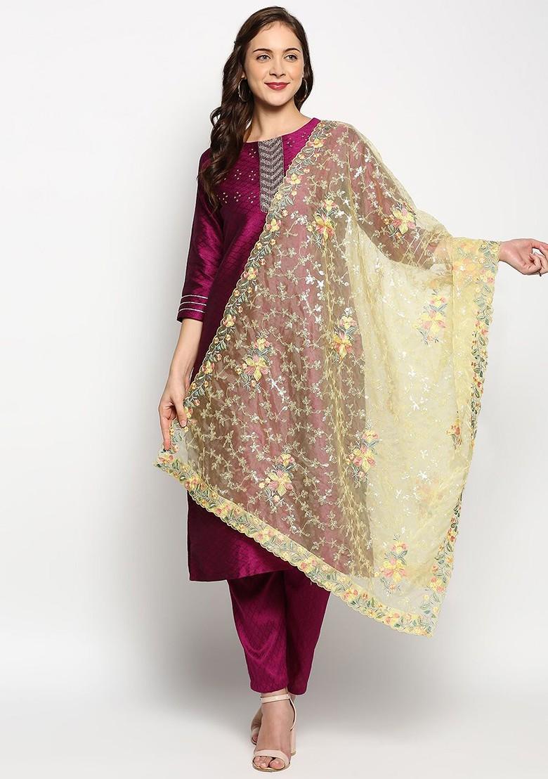 Yellow And Grey Floral Embroidered Organza Dupatta