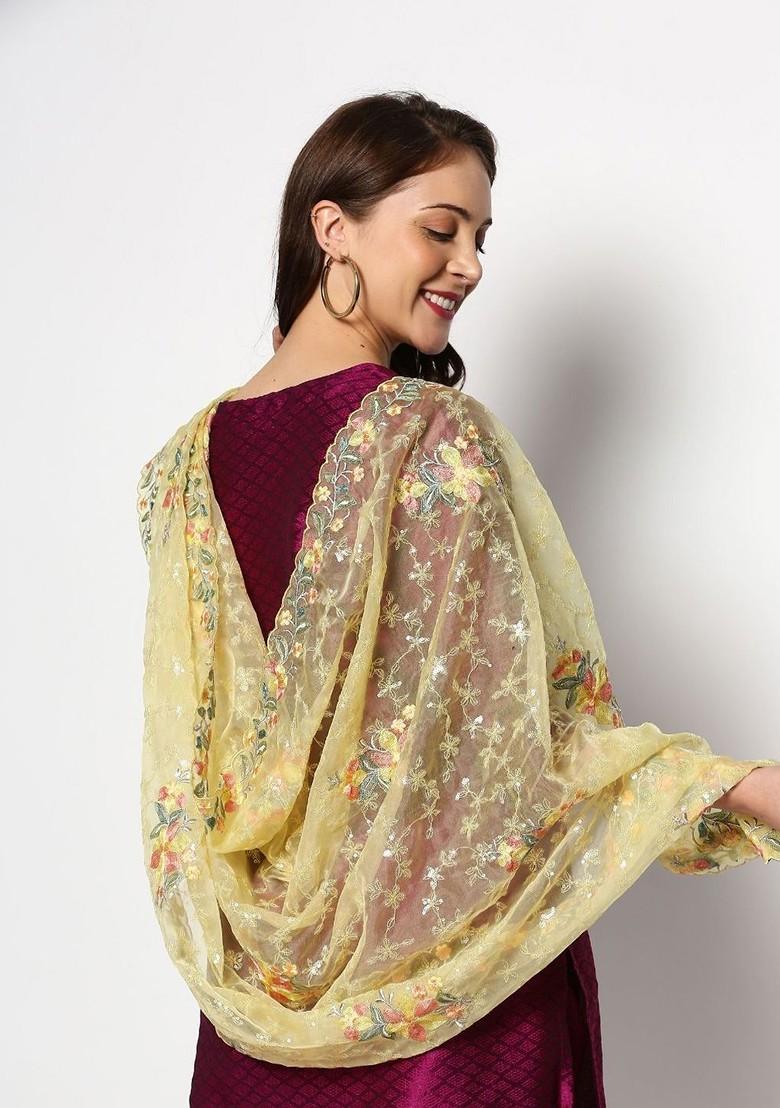 Yellow And Grey Floral Embroidered Organza Dupatta