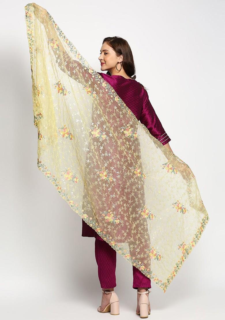 Yellow And Grey Floral Embroidered Organza Dupatta