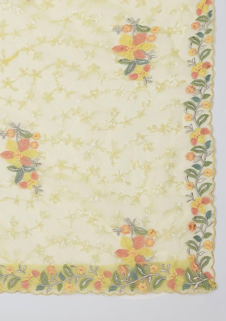 Yellow And Grey Floral Embroidered Organza Dupatta