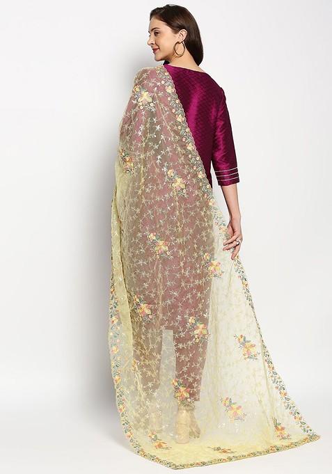Yellow And Grey Floral Embroidered Organza Dupatta