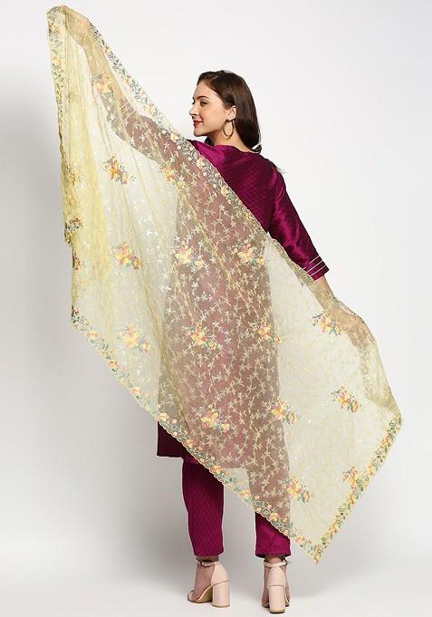 Yellow And Grey Floral Embroidered Organza Dupatta