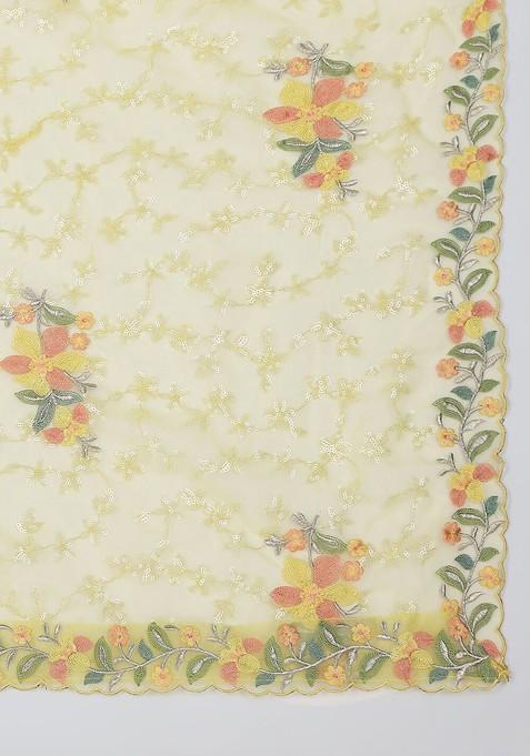 Yellow And Grey Floral Embroidered Organza Dupatta