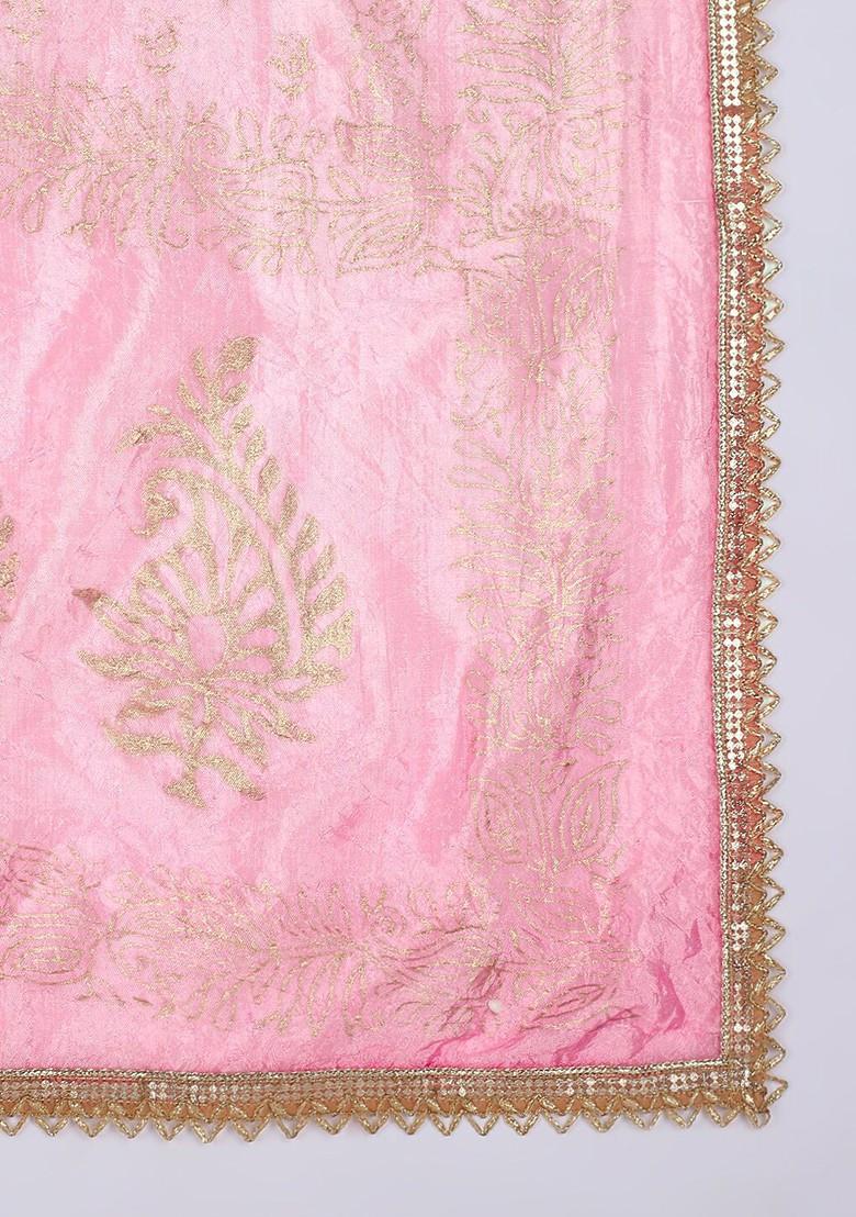Pink And Gold Toned Ethnic Motifs Printed Khari Print Dupatta