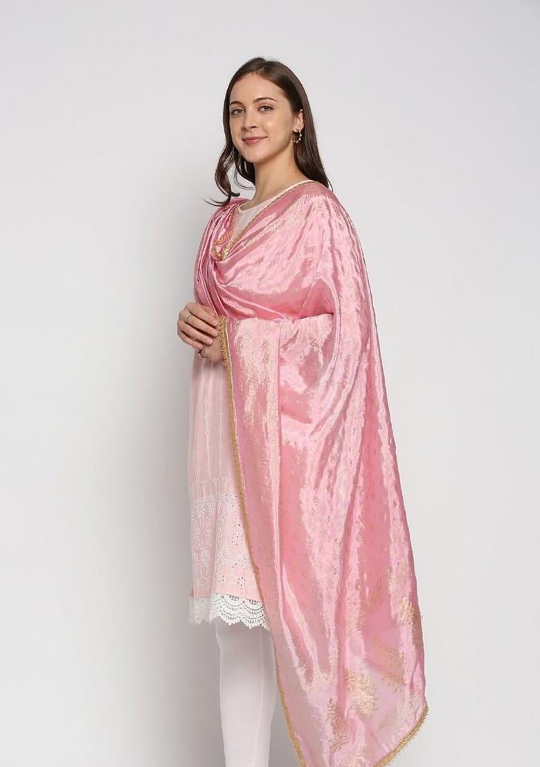 Pink And Gold Toned Ethnic Motifs Printed Khari Print Dupatta