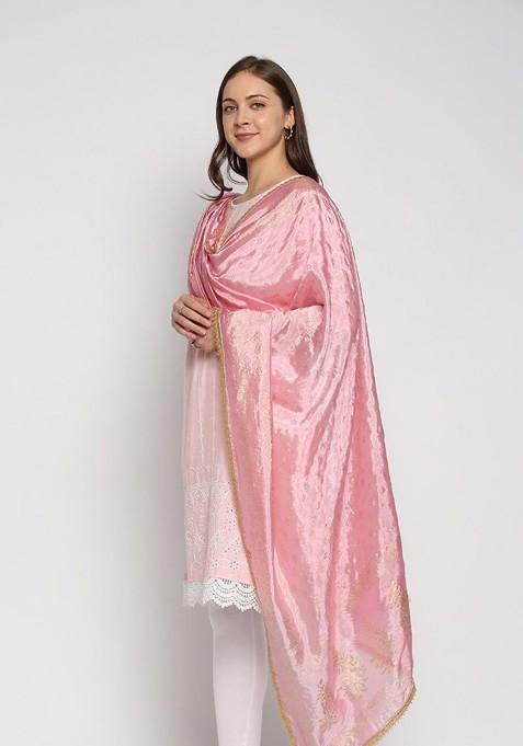 Pink And Gold Toned Ethnic Motifs Printed Khari Print Dupatta